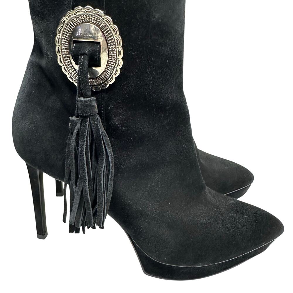 Sz 38 Saint Laurent Janis 105 Western Buckle Concho Ankle Boots Black Booties - Picture 10 of 10